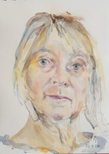 self portrait in watercolour by artist camille marquand