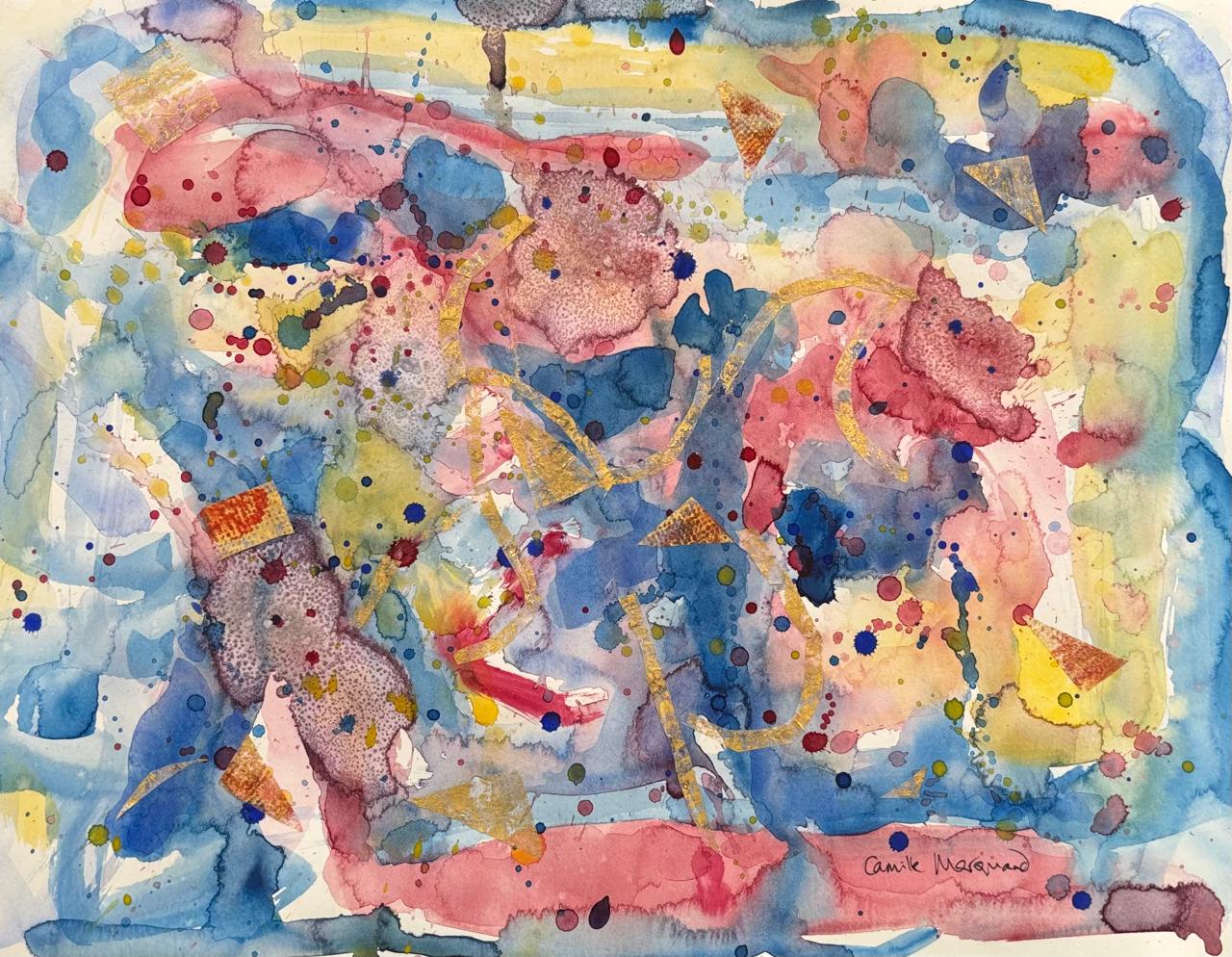 Abstract watercolour with gold leaf collage by artist Camille Marquand