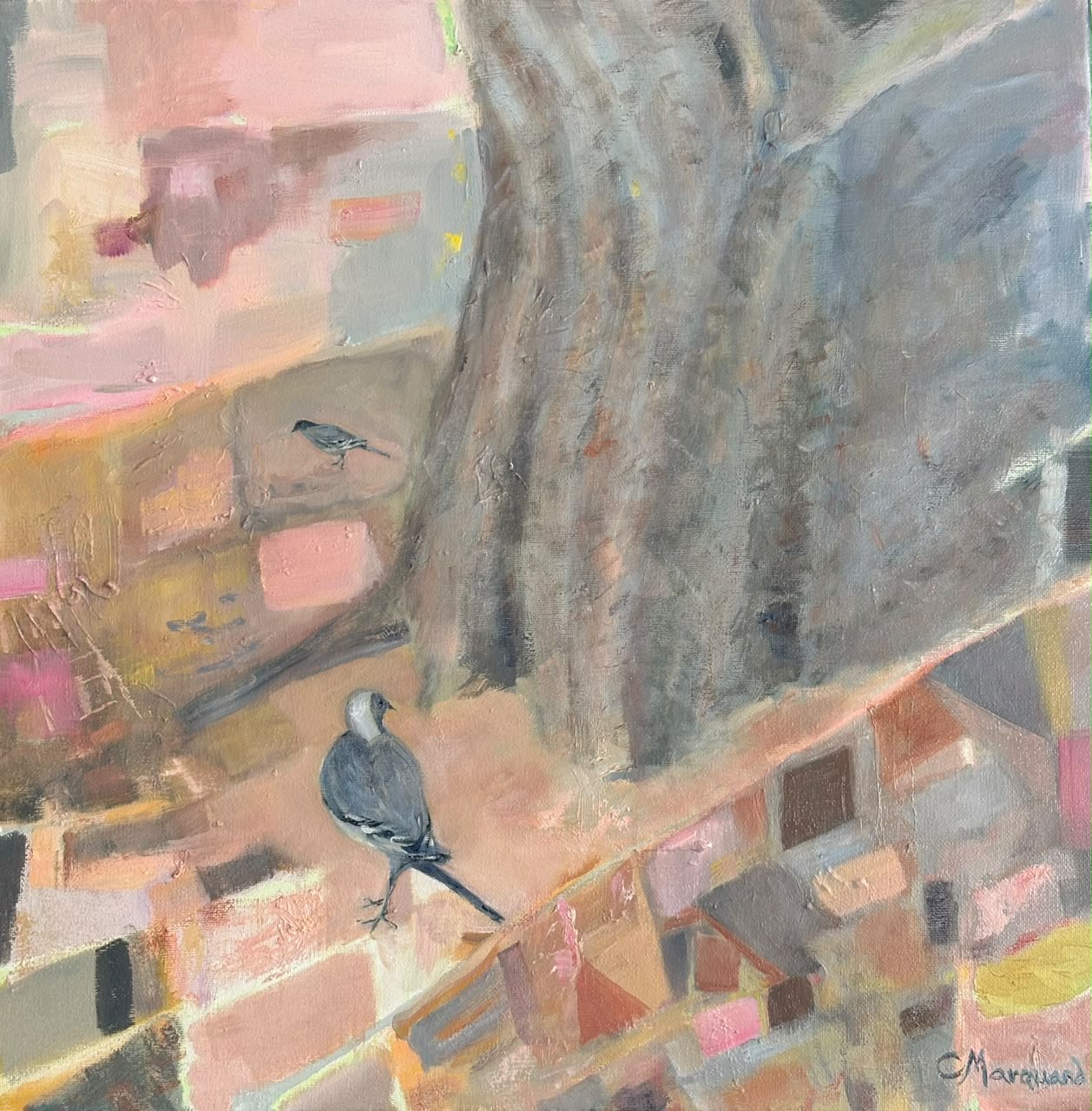 Wagtails Looking For The River Oil painting by artist Camille Marquand of two birds against a semi abstract background